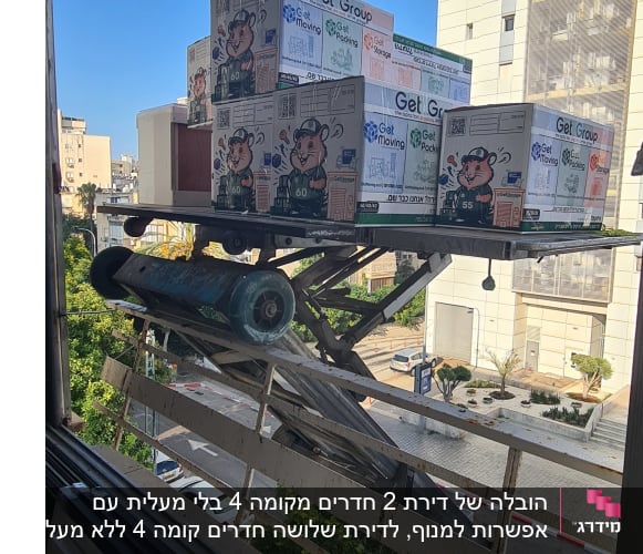 משטח מנוף הובלות עם ארגזי אריזה מגיע לחלון דירה בבניין גבוה